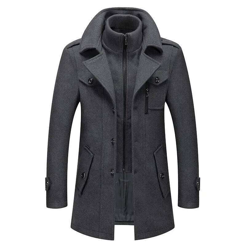 Men Autumn Winter Wool Trench Coats Fashion Middle Long Jacket Male Double Collar Zipper Coat Windbreak Woolen Overcoat
