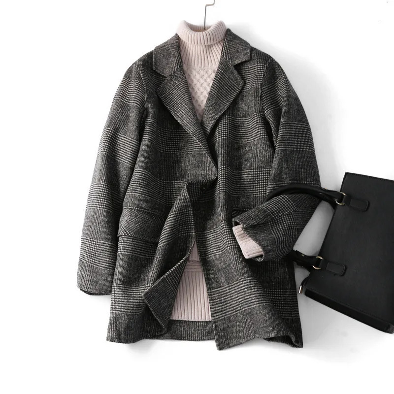 Handmade Sewn Doublesided Woolen Blazer Women Spring Autumn Plaid Wool Overcoat Office Lady Casual Suit Coat Thick Jacket 251020
