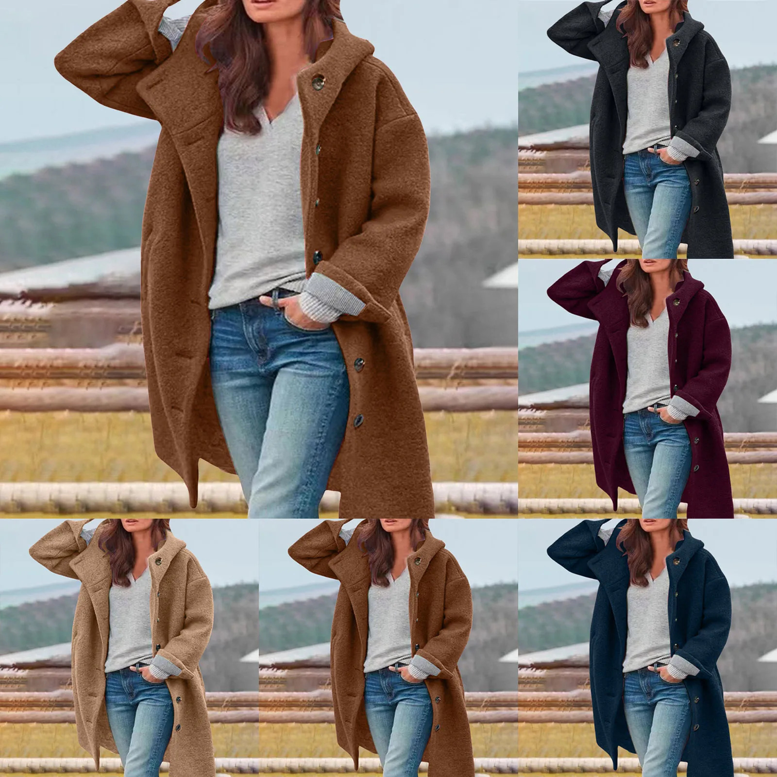 Women Thick Wool Winter Jackets Solid Color Long Sleeved Warm Single Breast Hooded Woolen Coat Casual Trench Coat For Women 251020