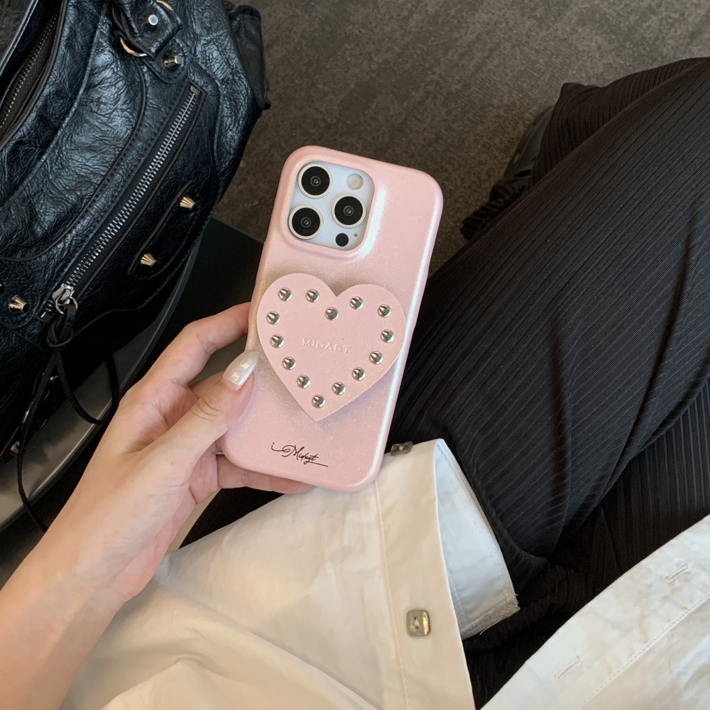 Niche Rivet Heart Stand Phone Case Compatible with iPhone 17 Pro Simple Solid Color iPhone 16/15 Protective Cover