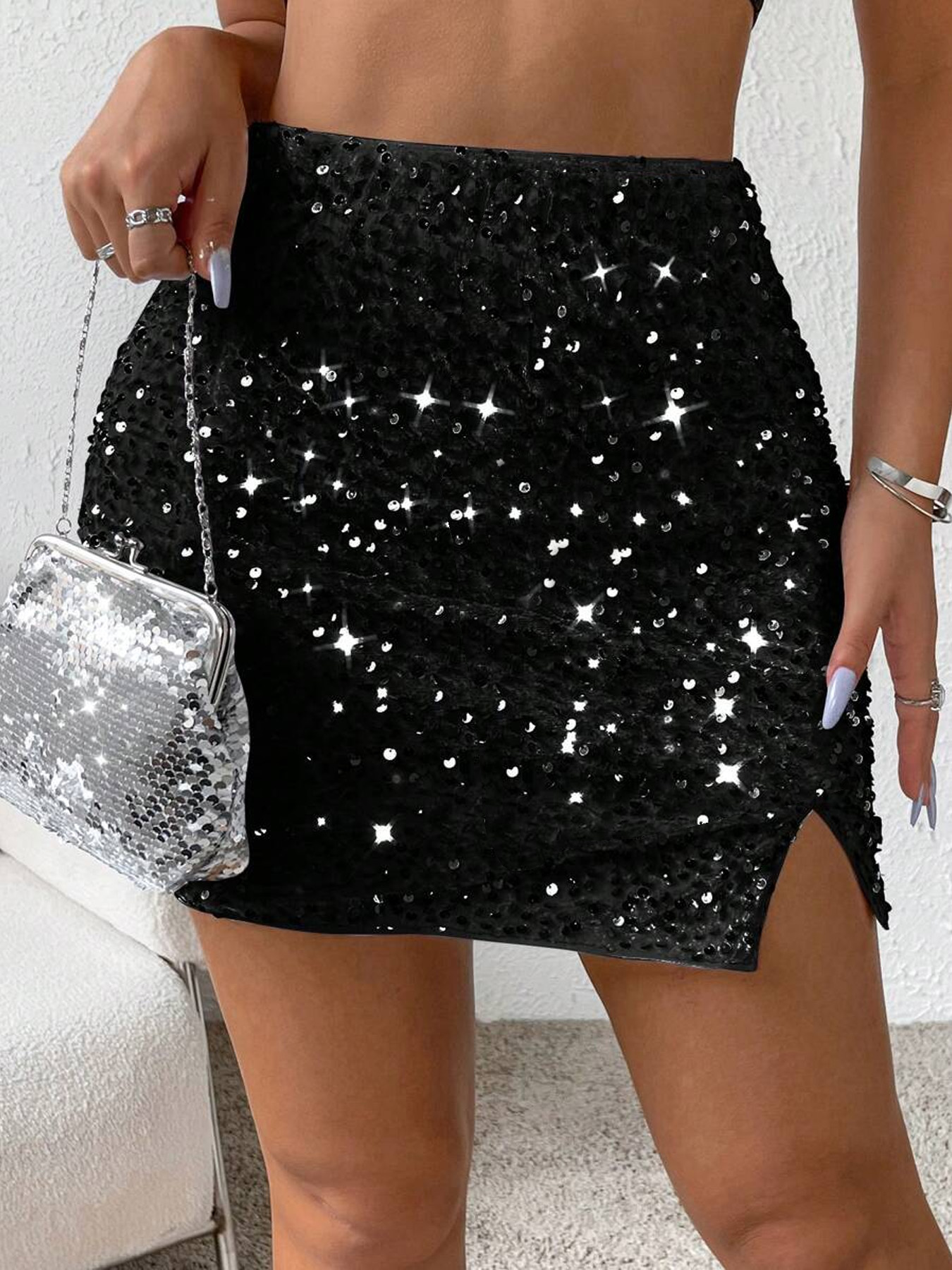 Women's Mememe Brand Sexy Party Sequin Mini Skirt with Side Slit, High-Quality Fashion Slim-Fit Skirt (S-XL, Black/Red)-D230