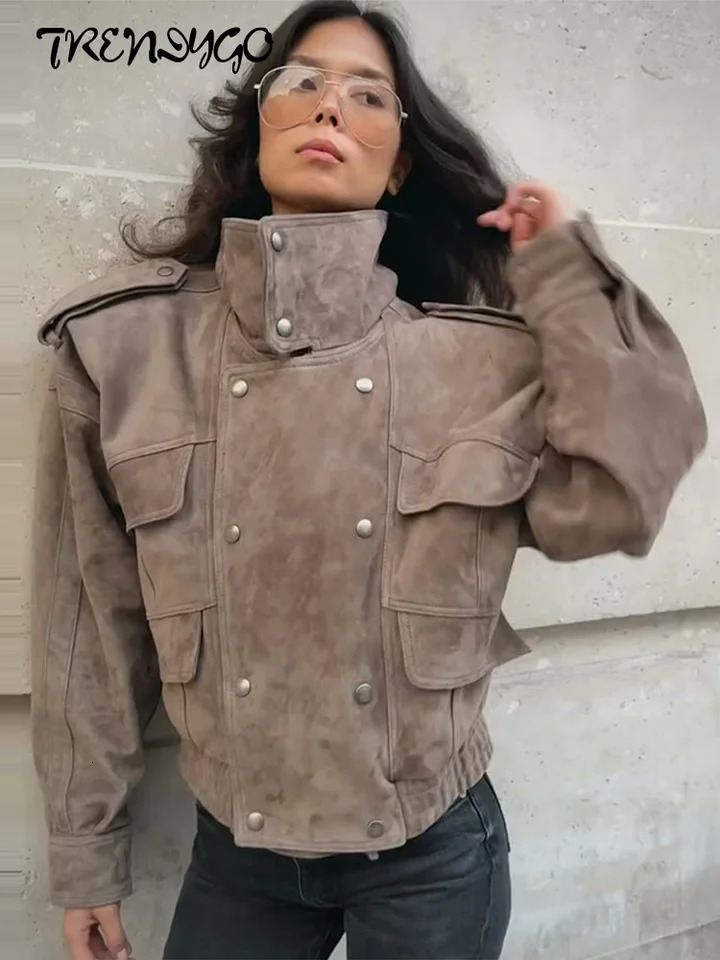 Suede Safari Style Short Bomber Jackets Women Fashion Stand Collar Epaulet Elastic Hem Button Loose Coats Chic Ladies Outerwears 251021