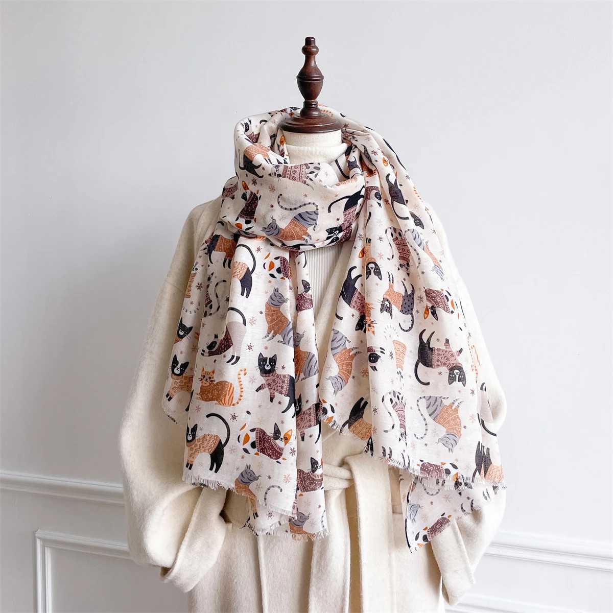 88180cm Cute Cat Print Women Viscose Scarf Cotton Linen Feeling Ventilate Luxury Soft Girl Shawl Tassel Muslim Hijab J251118