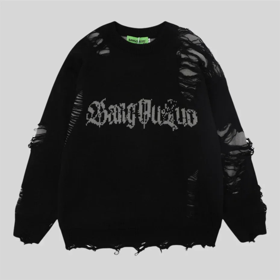 Torn Smooth Sweater Men Retro Ripped Hole Knitted Letter Plain Jumpers Men Streetwear Hip Hop Harajuku Punk Gothic Sweaters 251020
