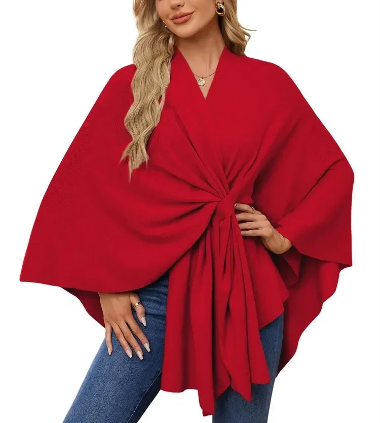 Elegant Shawl Wraps Soft Open Front Poncho Sweater Women Loose VNeck Cape Casual Solid Color Soft Open Front Poncho Bat Shirt 251016
