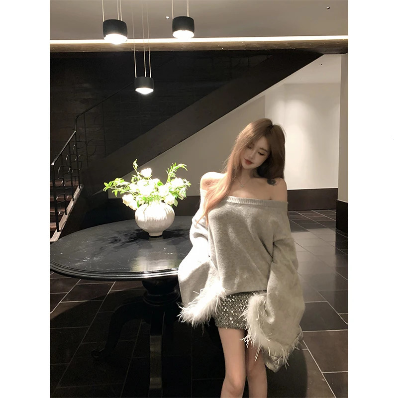 Elegant Slash Neck Sweater Women Fashion Faux Fur Patchwork Knitted Pullovers Korean Oversized Knitwears Winter Jumpers 251016