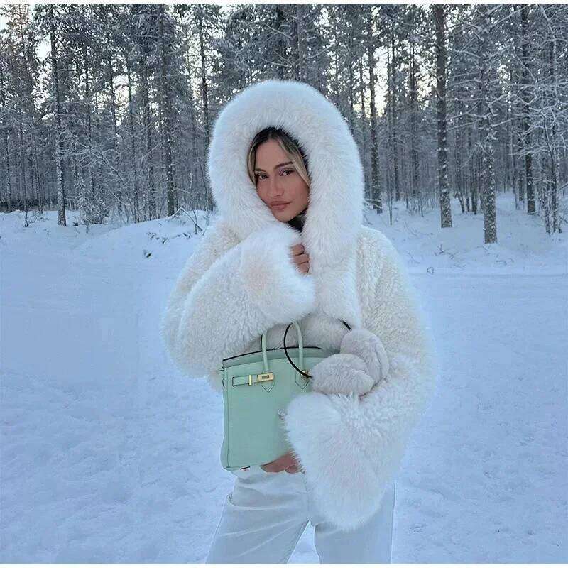 Casual Faux Fur Hooded Coat Women Fashion High Street Fluffy Big Collar White Snow Jackets Winter Warm Oversized Thick Outwear
