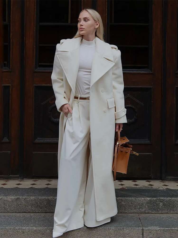 Women Elegant Lace Up Overcoat Doublebreasted Wool Long Coats With Pockets High Street Fashion Autumn Winter Outerwears 251021