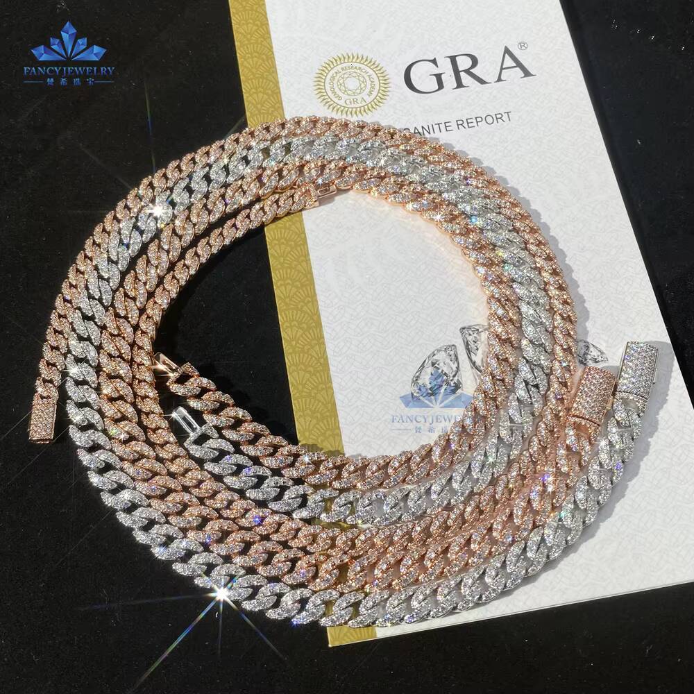 White Gold Rose Gold Plated Full Setting Diamond Miami Cuban Chain 925 Silver 6mm 1rows Moissanite Diamond Chain for Men