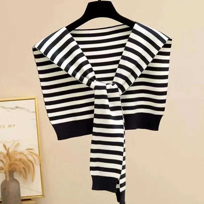 Korean Striped Knitted Warm Shawl Winter Female Blouse Shoulders Fake Collar Cape Knotted Scarf Stripe Outerwear J251118