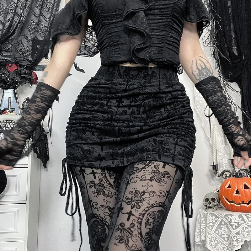 Gothic Dark Flocking Pants Women Streetwear Aesthetic Emo Alt Grunge See Through Laceup High Waist Flare Female 251017