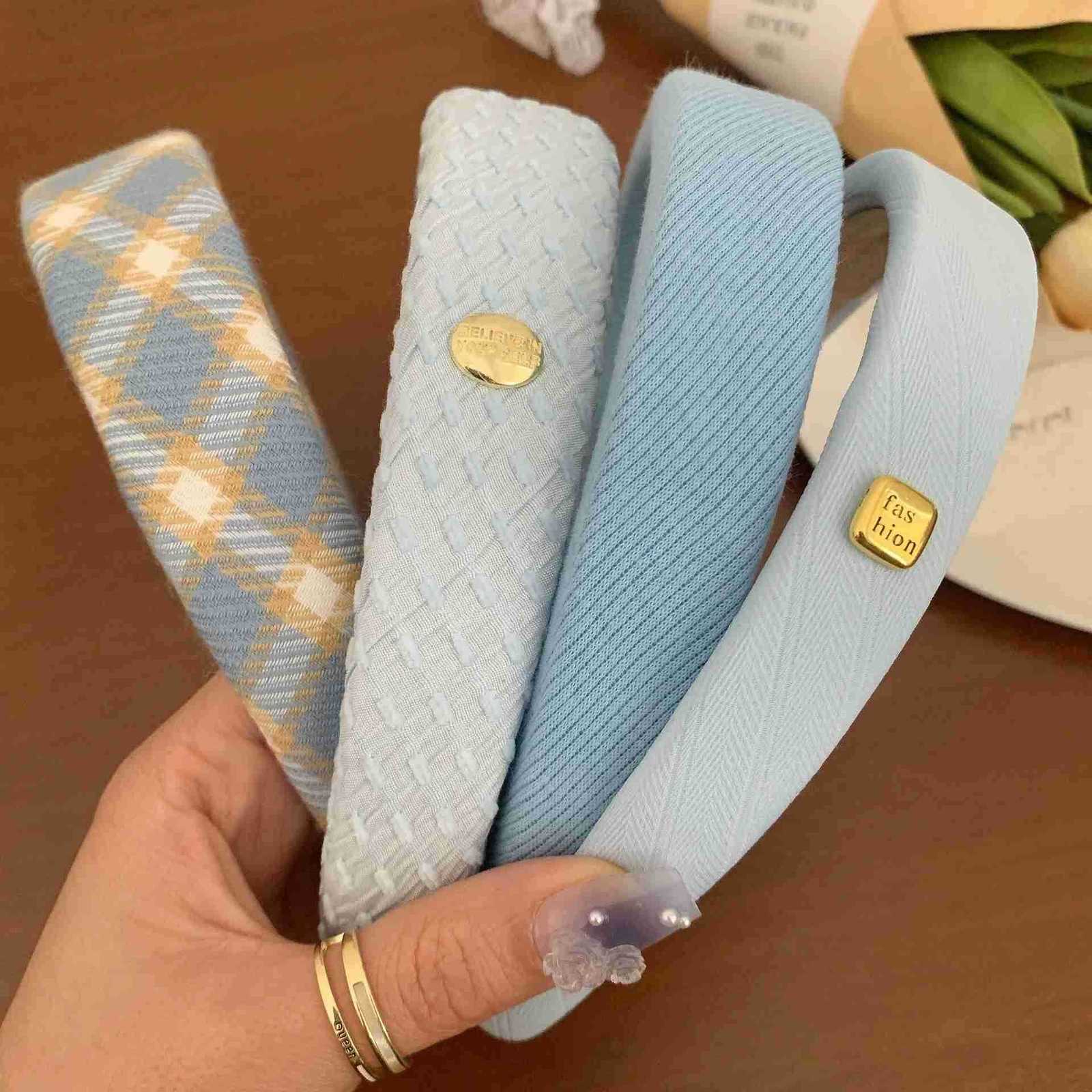 New Korean Style Sponge Headband for Women Elegant Gold Label Blue Wide Brimmed Hair Band Fashion Girl Face Wash Hair Hoop M251022