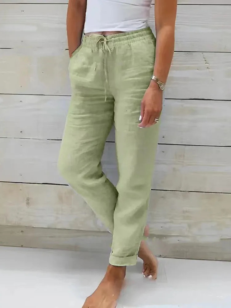 2025 Cotton Linen Summer Pants Women High Waist Elastic Casual Trousers Fashion Streetwear Breathable Female Loose Pencil Pants 251022