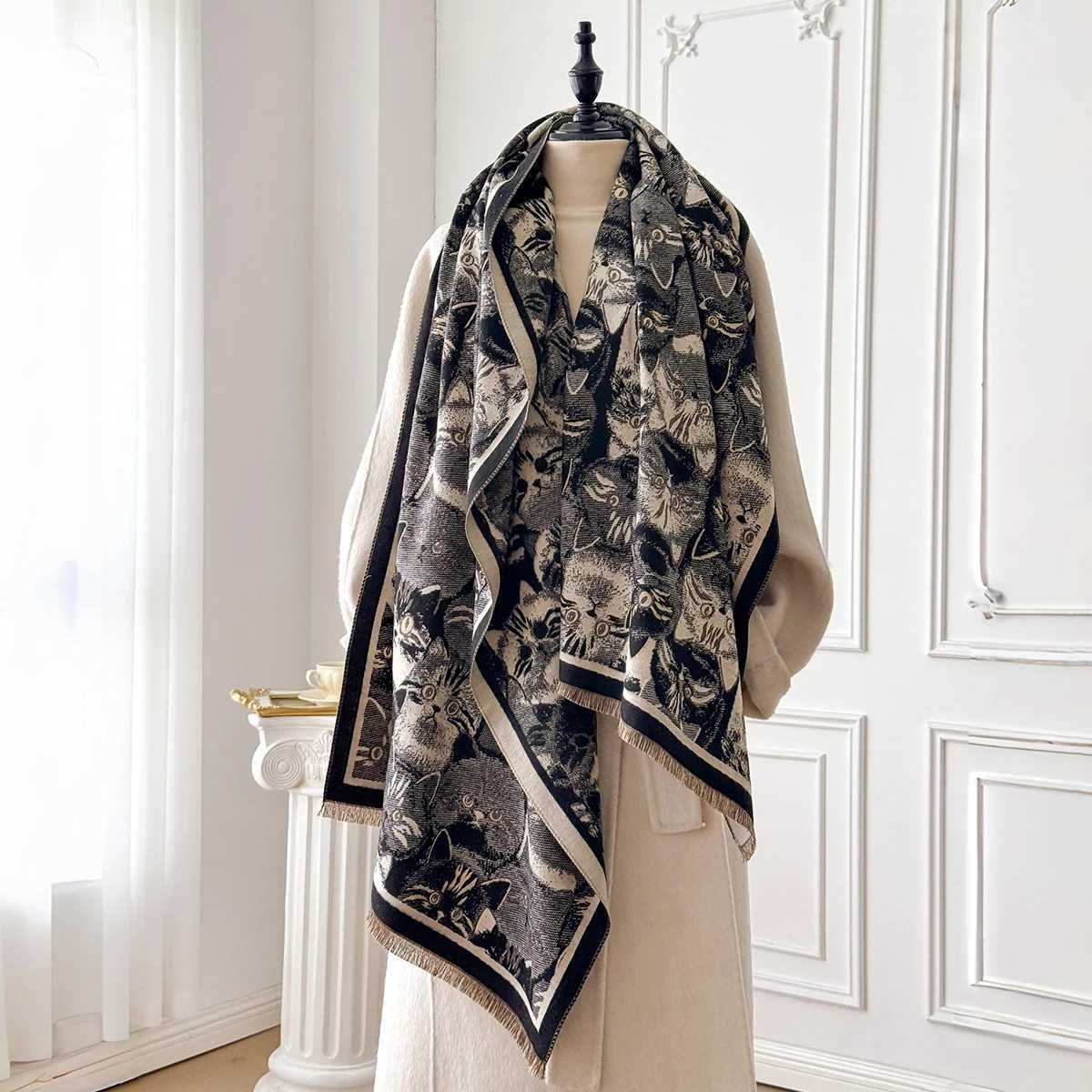 Womens Winter Fashion Warm CatPatterned Imitation Cashmere Poncho Thick Shawl Wrap Bufanda Echarpe Scarf J251129