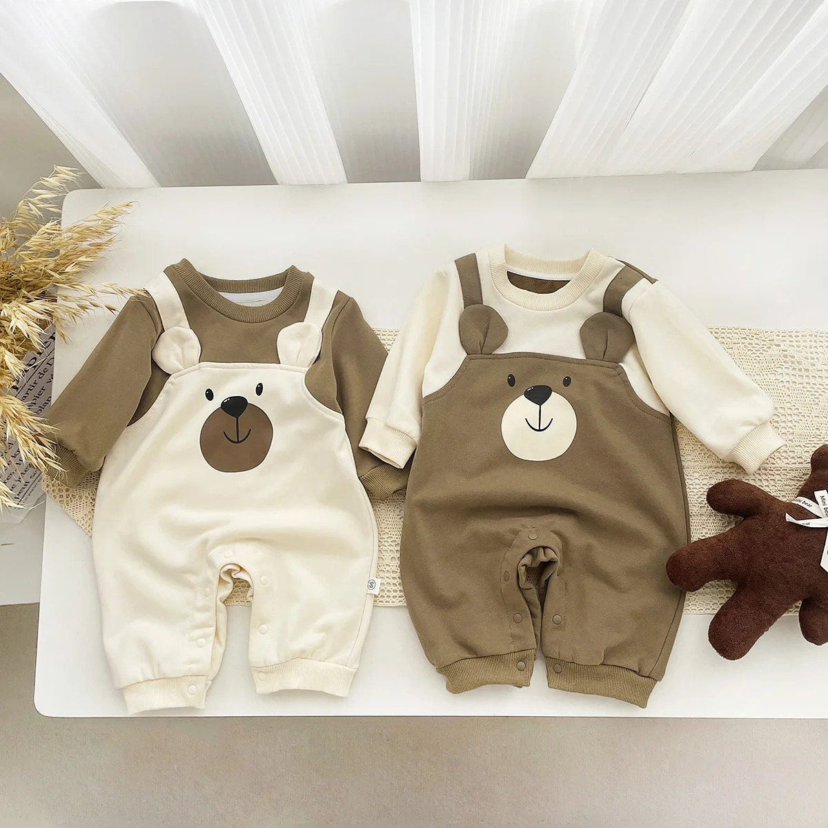 Autumn Baby Bodysuit Little Bear Pattern Dual Color Long Sleeve Warm Jumpsuit Clothes Boys Girls Romper 02 Years Old 251022