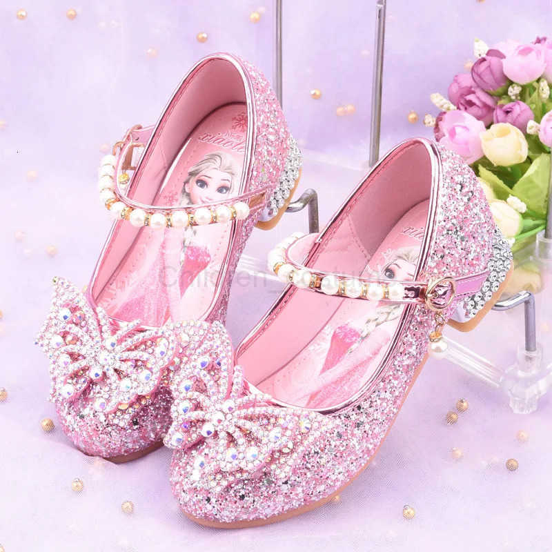 Disney Princess Kids Leather Shoes for Girls Flower Casual Glitter Children High Heel Girls Shoes Butterfly Knot Blue Pink Silver H251022