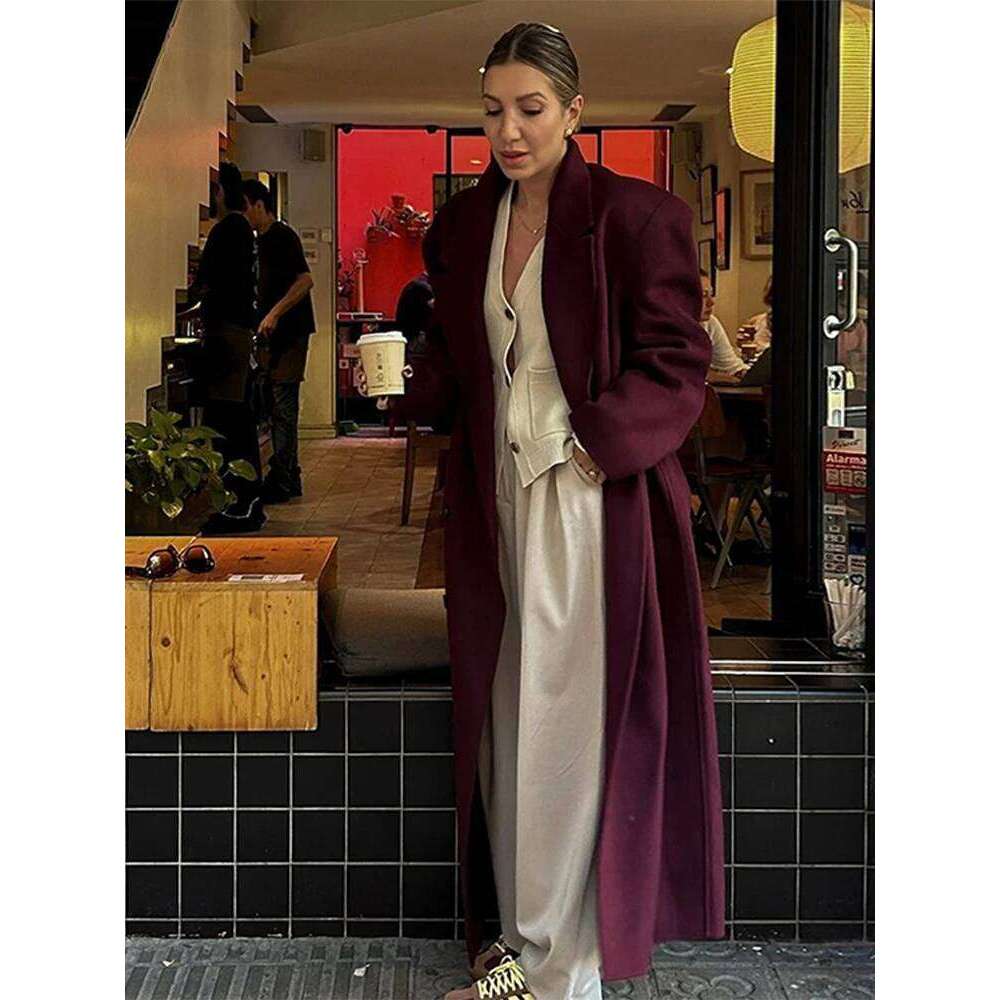 Suit Woolen Coat Bury Red Double Breasted Lapel Pockets Long Sleeves Women's Overcoat Winter Thicken Loose Outwear Top
