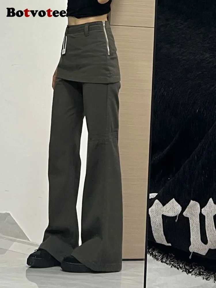 Botvotee Fake TwoPiece Plussize Wide Leg Jeans for Women 2025 New Y2k Fashion Streetwear High Waisted Flare Denim PantsT251022