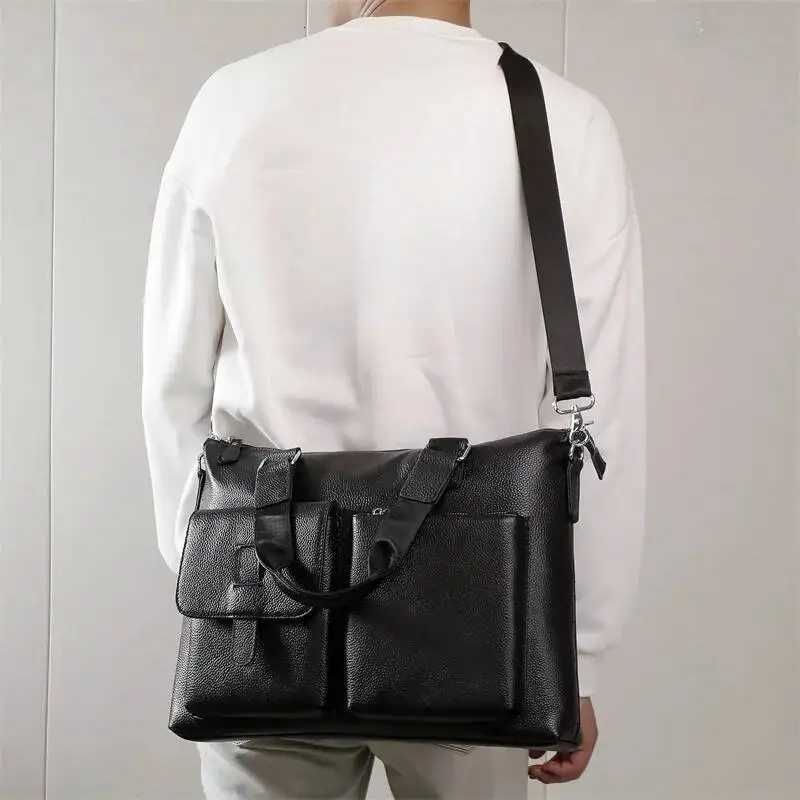 Bussiness Genuine Laptop Briefcase Large Cow Leather Protable For Man Woman Black Male Shoulder Or Crossbody Bag W251022