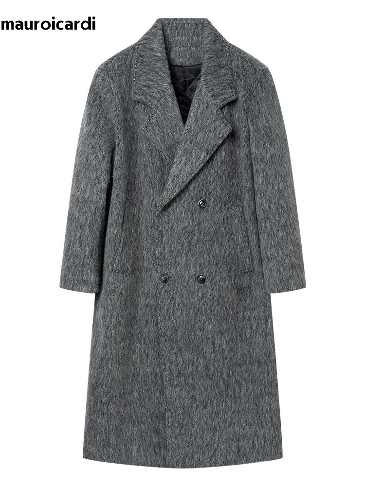 Mauroicardi Autumn Winter Long Gray Oversized Thickened Warm Soft Wool Blends Coat Men Double Breasted Korean Fashion 251016