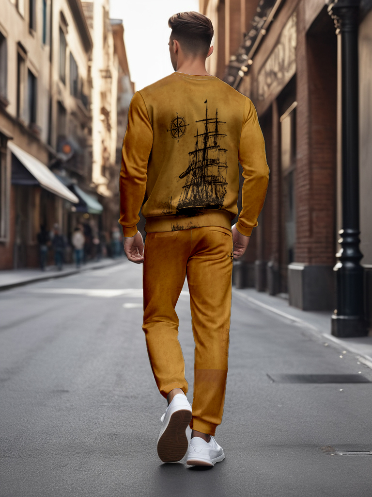 Men's Ankle-Length Knitted Cotton Blend Long Sleeve Sweatshirt Brown round Neck Casual T-Shirt Comfortable Outdoor Wear - YLWY00116