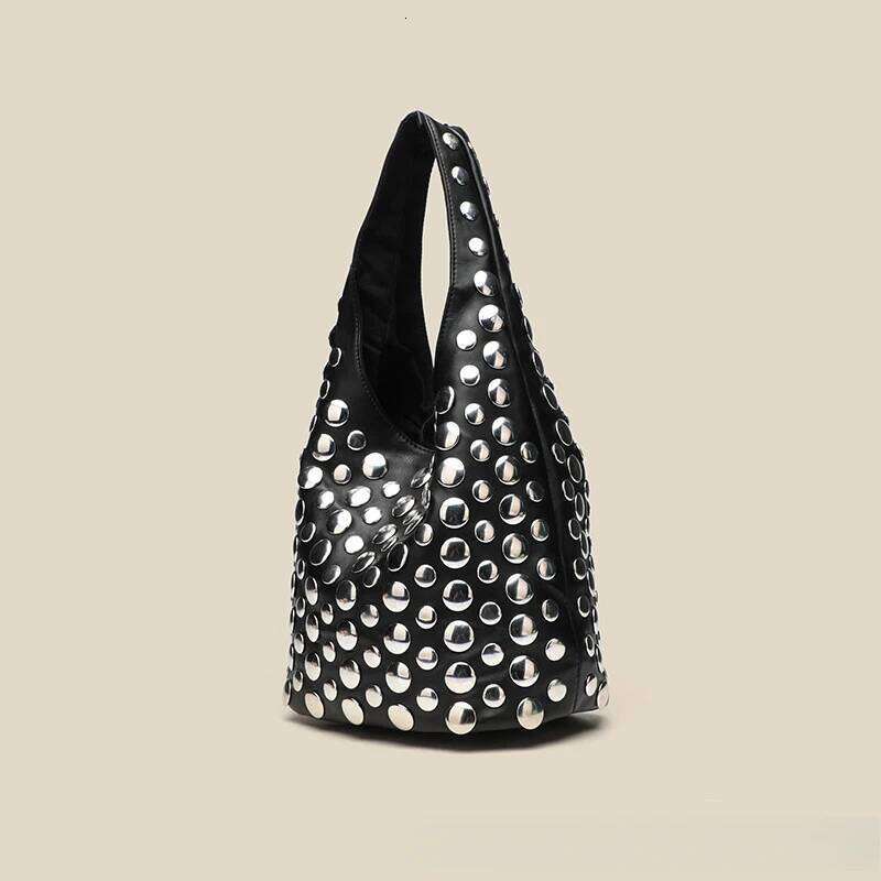 Large Capacity Rivet Designer Women Shoulder Soft Casual Black Female Shopping Lady Bucket Handbag Tote Travel Bag Suo251022