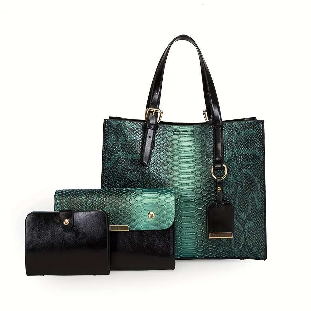 3-Piece Set Women's Crocodile Pattern Handbags, Stylish Faux Leather Tote With Matching Clutch & Wallet, Vintage Design Crossbody Bag