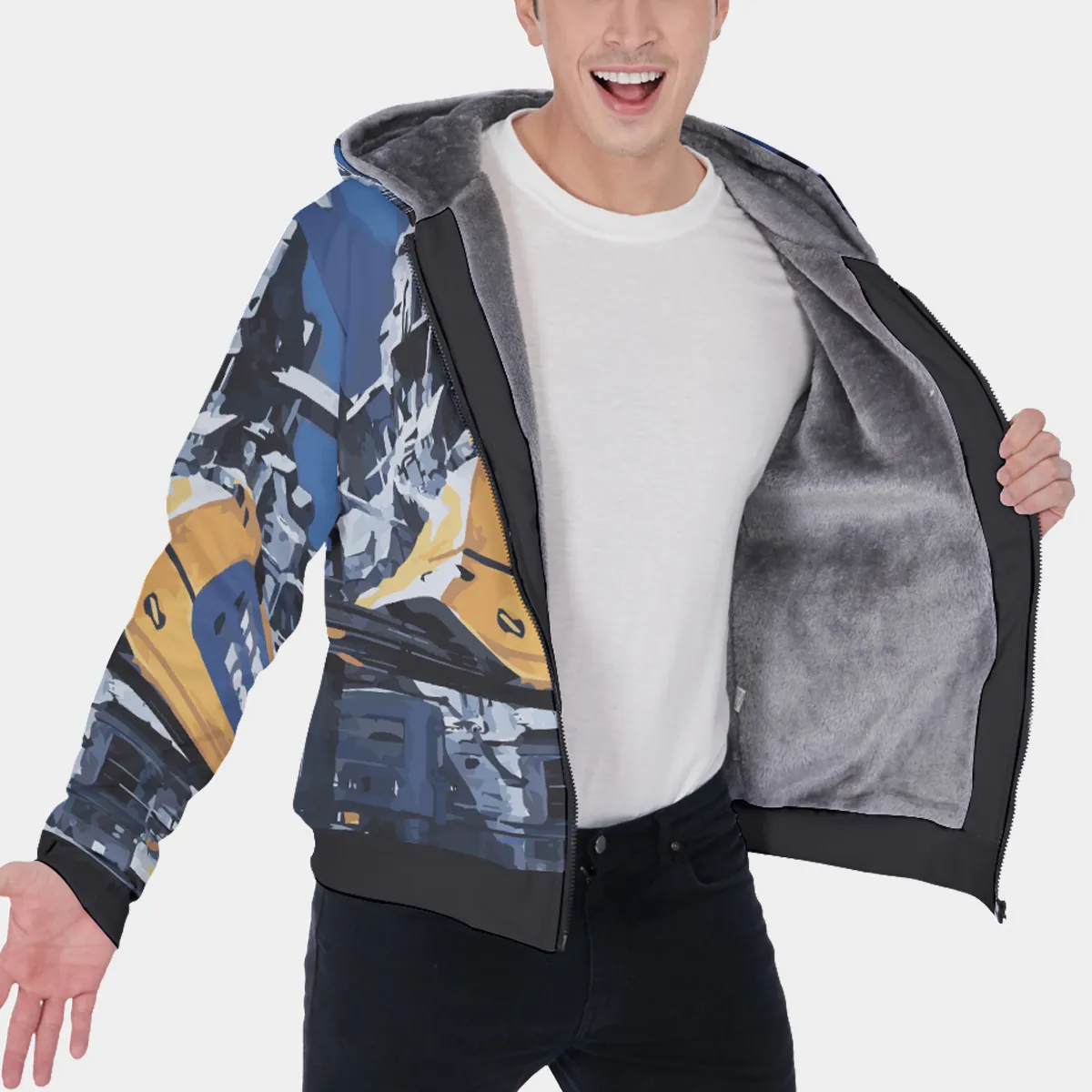 DHgatepod Men's Plush Lined Zip Hoodie - Heavyweight All-Over Print Sherpa Fleece Jacket for Extreme Winter Warmth