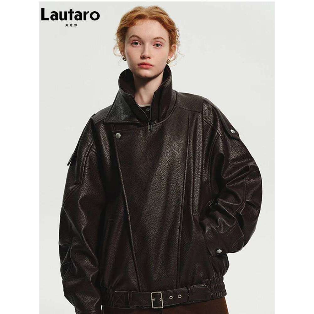 Lautaro Spring Autumn Cool Brown Oversized Pu Leather Jacket Women Long Sleeve Zip Up Designer American Retro Clothing