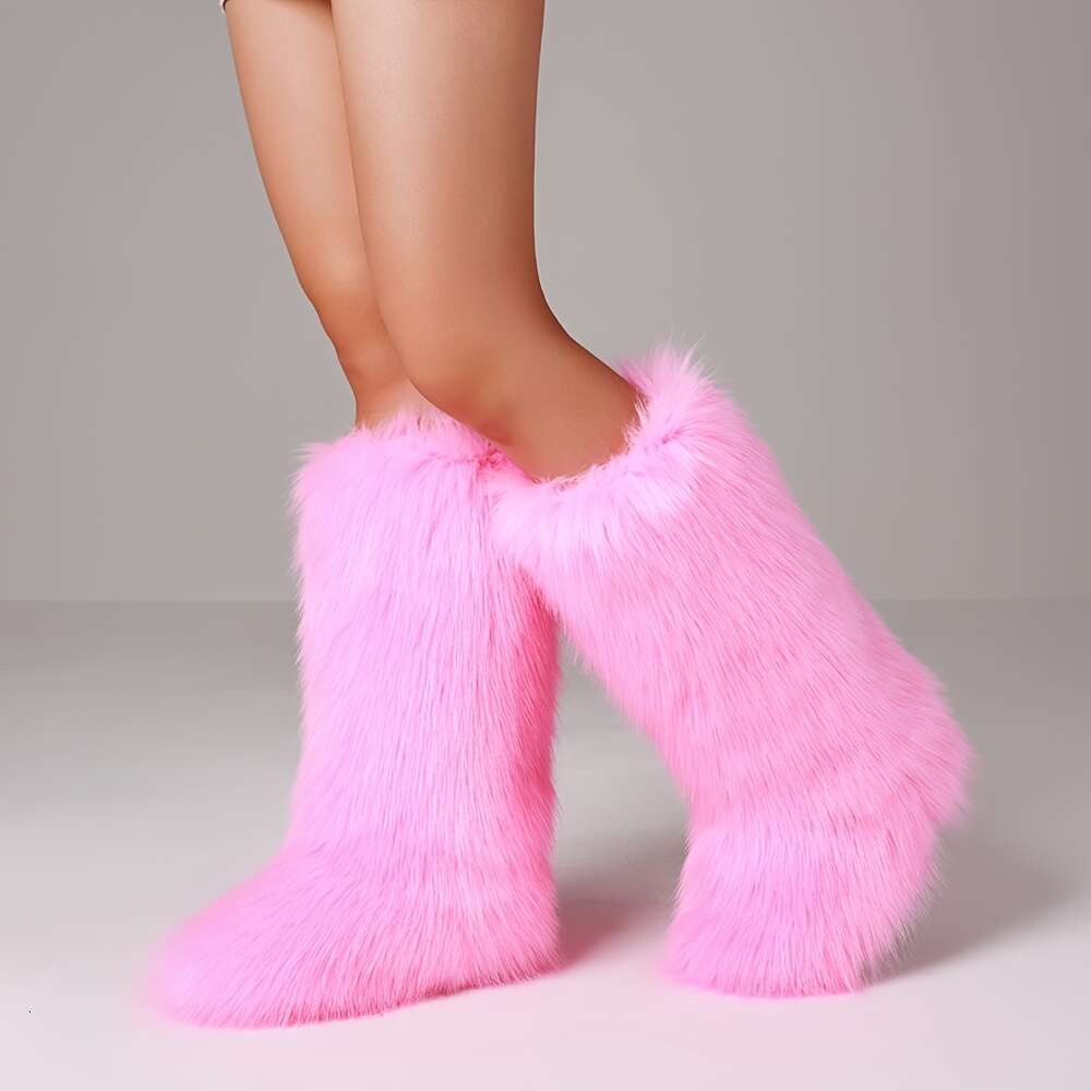 Stylish Women's Fluffy Faux Fur Round Toe Flat Heel Winter Outdoor Warm Knee High Boots