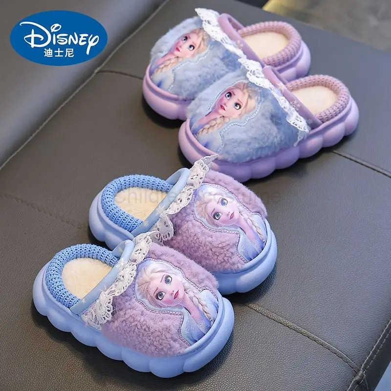 Disney Princess Elsa Frozen Slippers for Girls in Autumn Winter Indoor Warmth Non slip Childrens Plush Cotton Blue Purple Shoes H251022