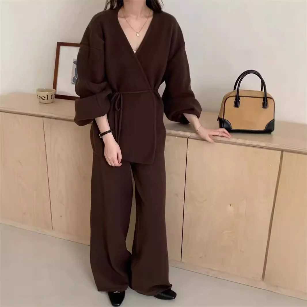 Women 2 Piece Sets Cardigan Wide Leg Pants Suit Knitted Coat Trousers Ensemble Lace Up Knitwear Jacket Autumn Winter VintageT251022