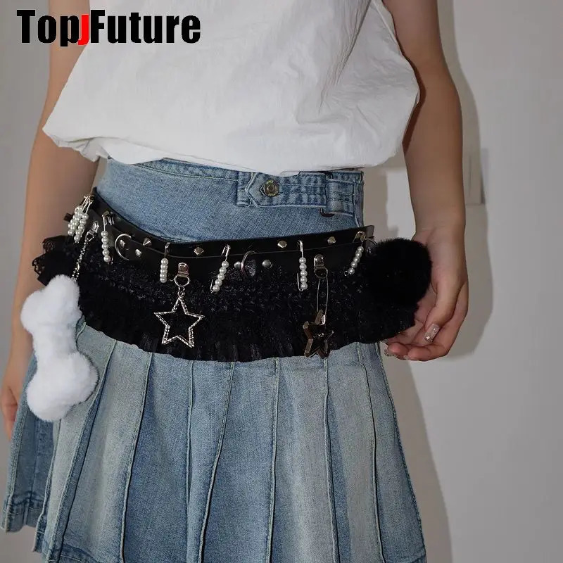 Women HAND MAKE Gothic Lolita Punk Harajuku full of pendants belt princess Y2K girl Millennium Spicy Girl heart star lace belt 251013