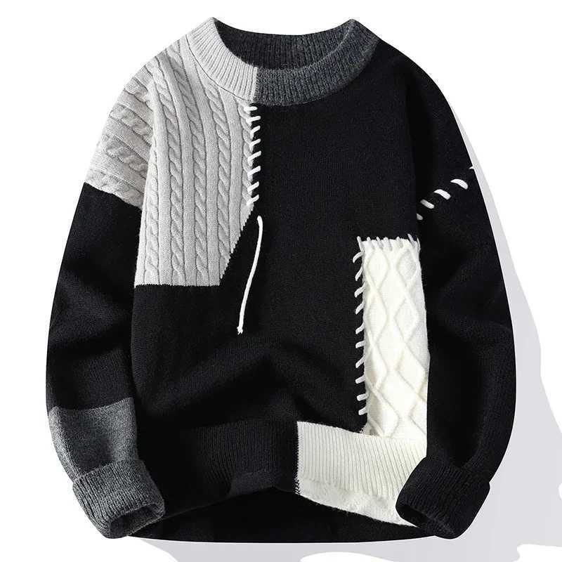 2025 New Male Patchwork Sweater Trend High Street Fashion Autumn and Winter Warm Mens Hiphop Street Clothing Men pullover shirtXJ251022