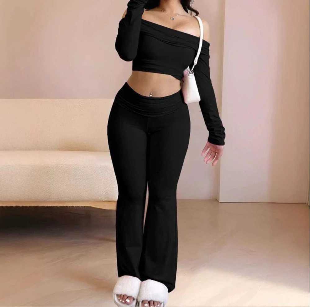 Casual Workout Two Piece Sets Woman Outfits Crop Long Sleeves Tops Foldover Flare Pants Tracksuit Suit Summer and Fall 2025 NewT251022