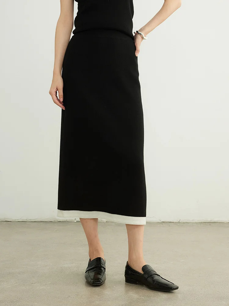 SuyaDream Women Long Skirt 324Sheep Wool Solid Woolen Knitted Skirts Autumn Winter Warm Under Dress Grey Khaki 251020