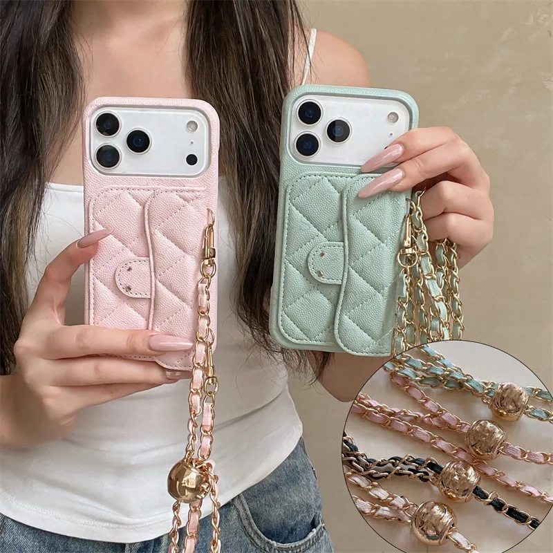 Designer Caviar Leather Cross body Phone Cases for iPhone 17 Pro Max 16 Pro Max 15 14 13 12 11 16 Plus Case Card Holder Luxury Handbag Wallet Case Chain Lanyard Coque Funda