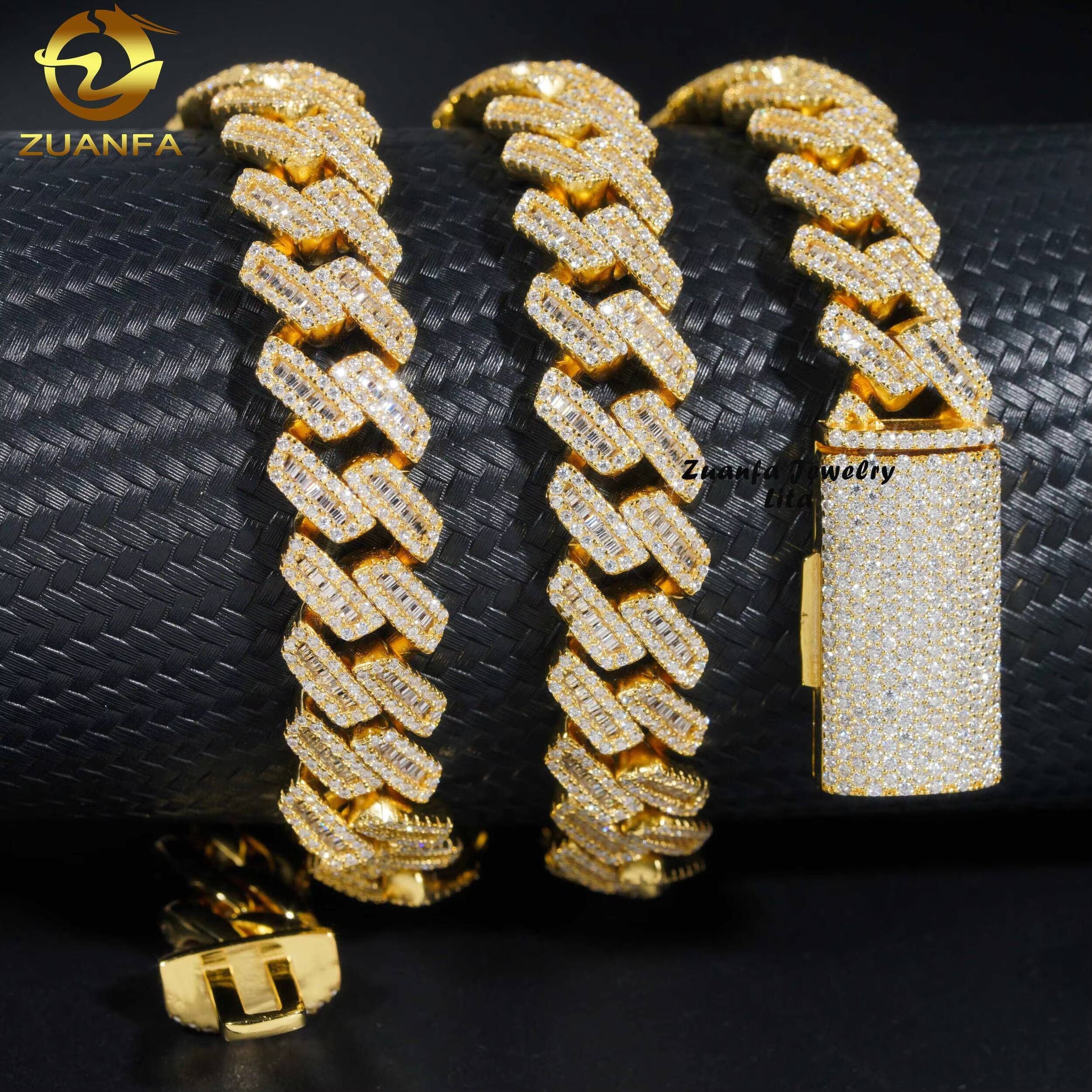 Hip Hop New Style Iced Out Silver 12MM Width Baguette Moissanite Diamond Gold Plated Cuban Link Chain