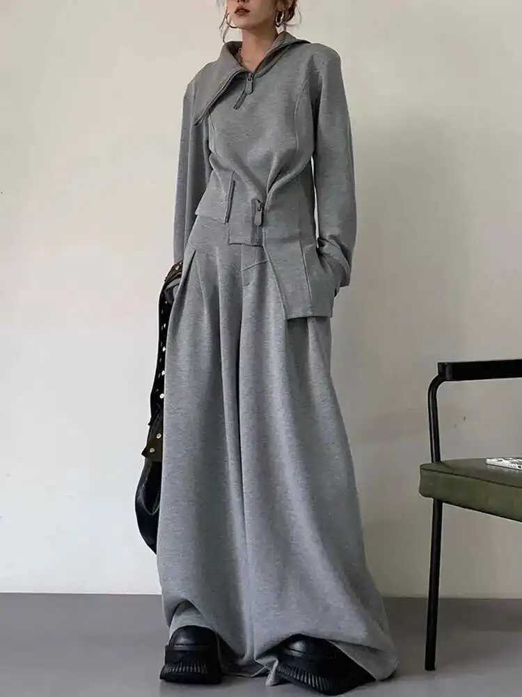 BJTZ Casual Irregular 2 Piece Set Womens 2025 Spring Autumn Trendy Stand Collar Zipper Design Hooded High Waist Wide Leg PantsT251022