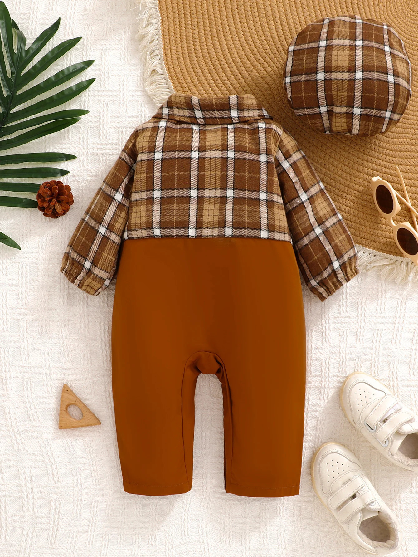Cute Baby Boy Plaid Print Jumpsuit with Bow Tie Checkered Beret 251022