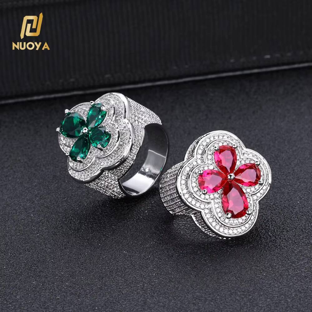NUOAY Hiphop Jewelry White Gold Plated Four Leaf Diamond Ring Womens Trendy Bling Green Red Gemstone Flower Shape Iced Out Ring