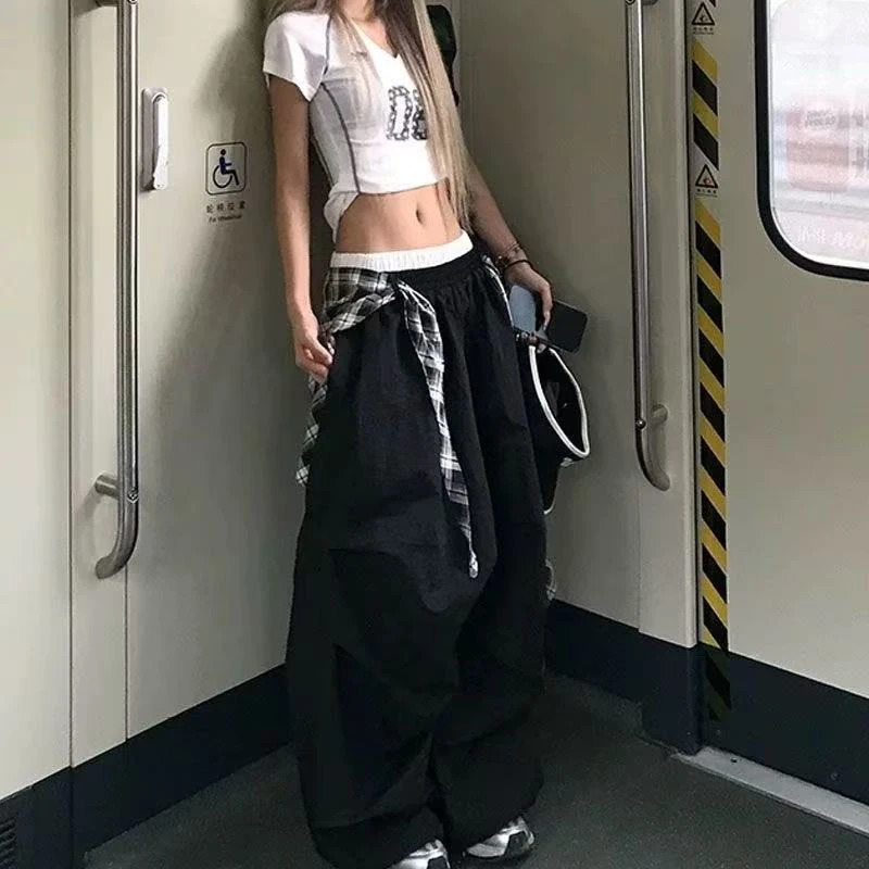 Y2K Streetwear Hip Hop Cargo Pants Women Summer High Waist Loose Plaid Patchwork Wide Leg Pants American Baggy Casual Trousers 251016