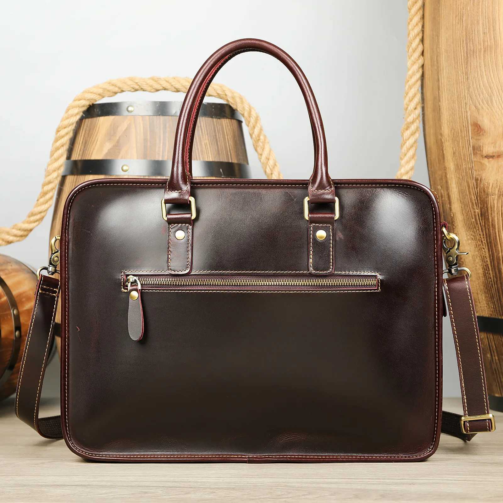 Mens Briefcase Leather Laptop Bag Top Layer Cowhide Casual Handbag 14 Inch Business Shoulder Bag Messenger Bag W251022