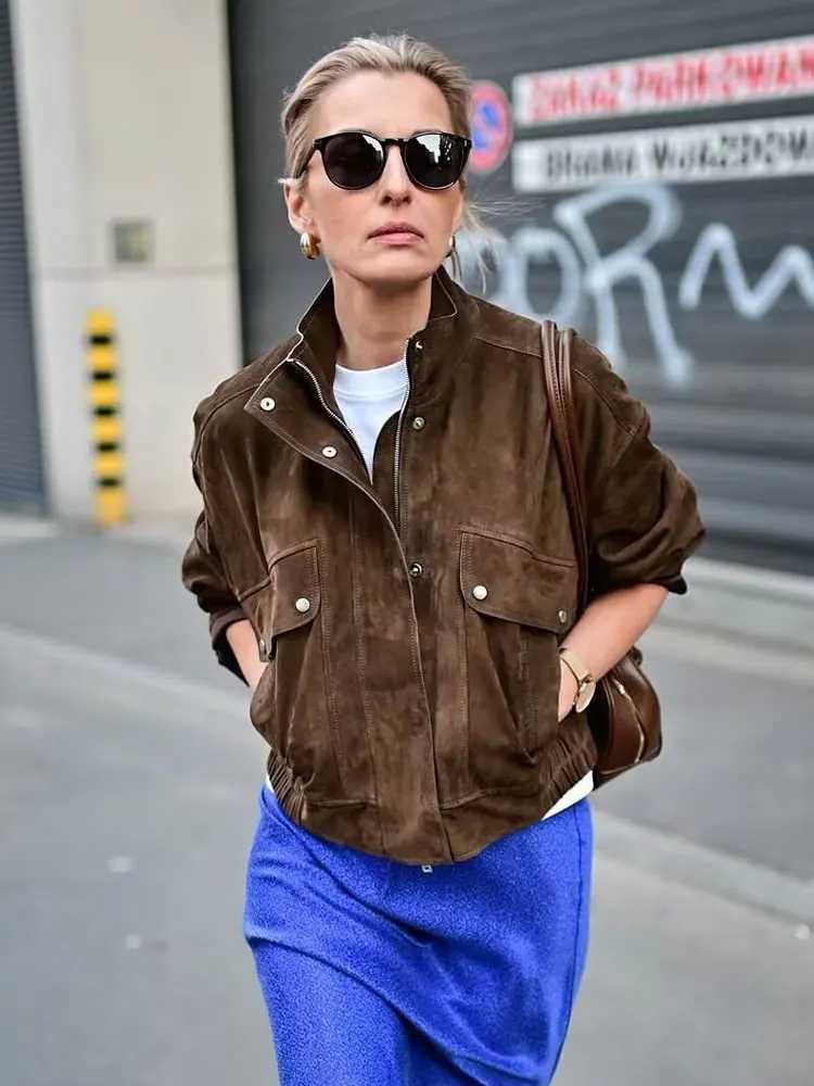 HH 2025 Street Fashion Suede Coat Long Sleeve Zipper Solid Turtleneck With Pockets Bomber Jacket Female Autumn Casual Outwears1 Y251105
