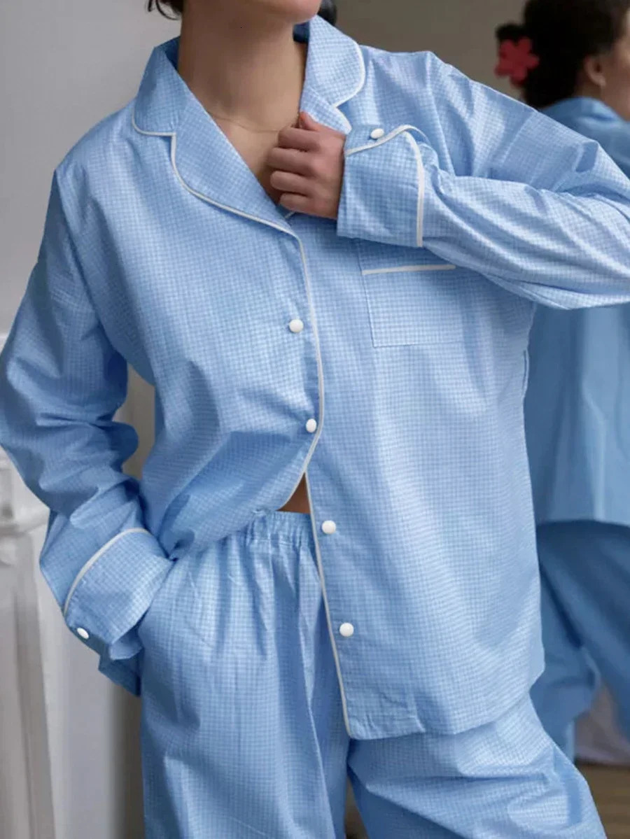 Blubelle Autumn Plaid Splicing Pajamas Twopiece Set Womens Fashionable Loose Long Sleeved Pants Casual Set Home Wear 251022