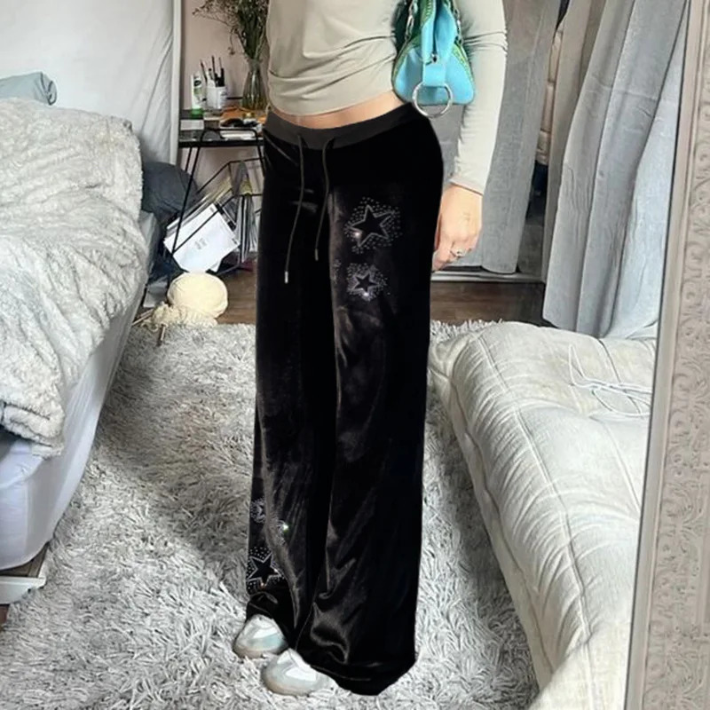 Goth Dark Techwear Fashion Stars Rhinestone Drawstring Pants Mall Streetwear 90s Grunge Soft Velvet Trousers Women Y2K Pant 251017