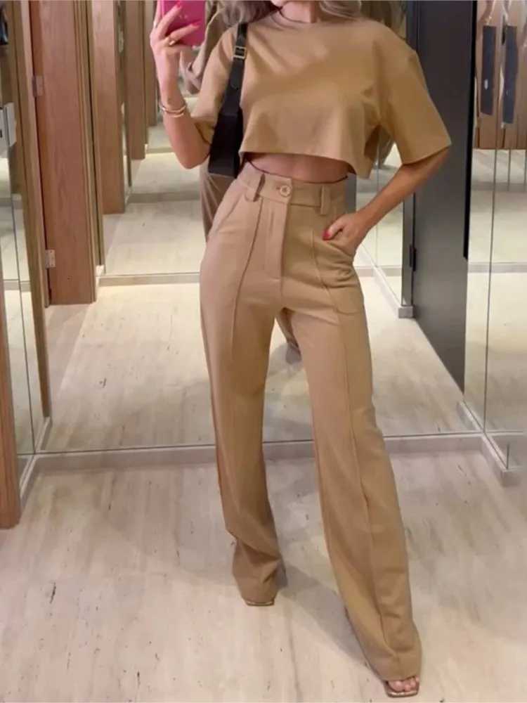 Fashion Solid Color Pants Sets Women O Neck Cropped Top High Waist Straight Trousers Two Piece Set Summer New Female StreetwearT251022