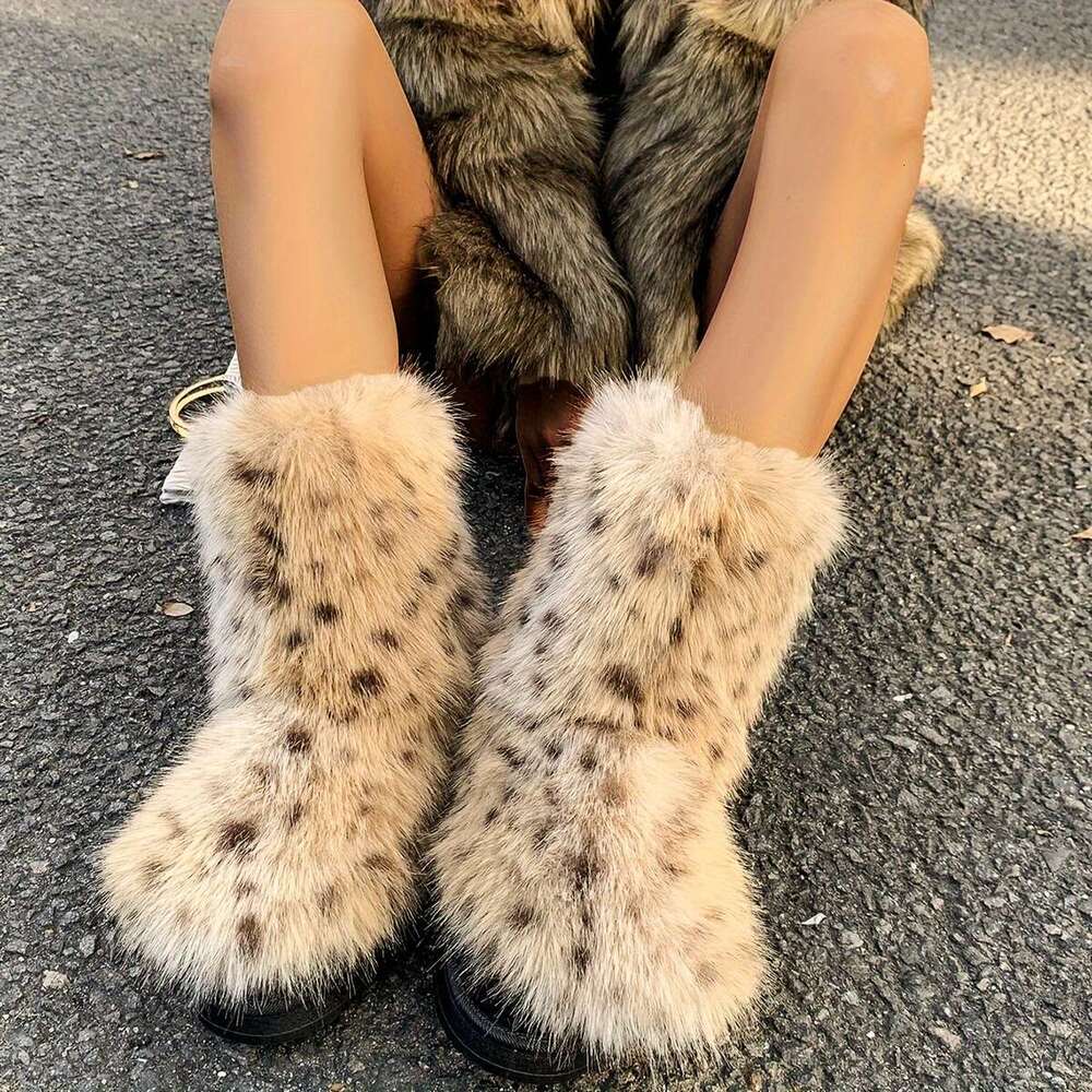Women's Ry Snow Boots Warm Plush Fabric Lined Anti-Slip Rubber Sole Comfort Fluffy Winter Booties With Thick Platform