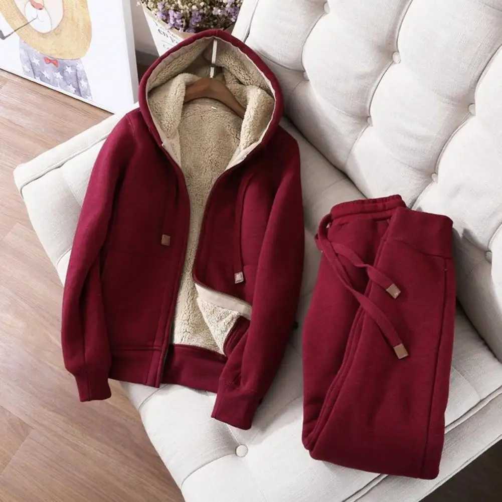 Womens Sweatshirt Pants Suit Autumn and Winter Warm Longsleeved Fleece Thick Hoodie Coat Jogger Pants Sportswear Twopiece SetT251022
