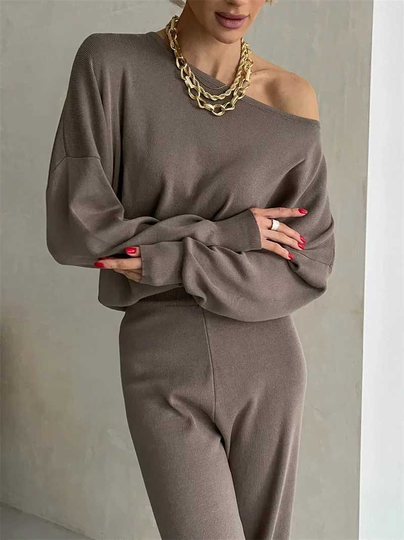 Elegant Loungewear Knitted 2 Piece Set Knit Pants and Sweater Matching Set Women Casual Winter Knitted Two Piece Sets Women 2024T251022